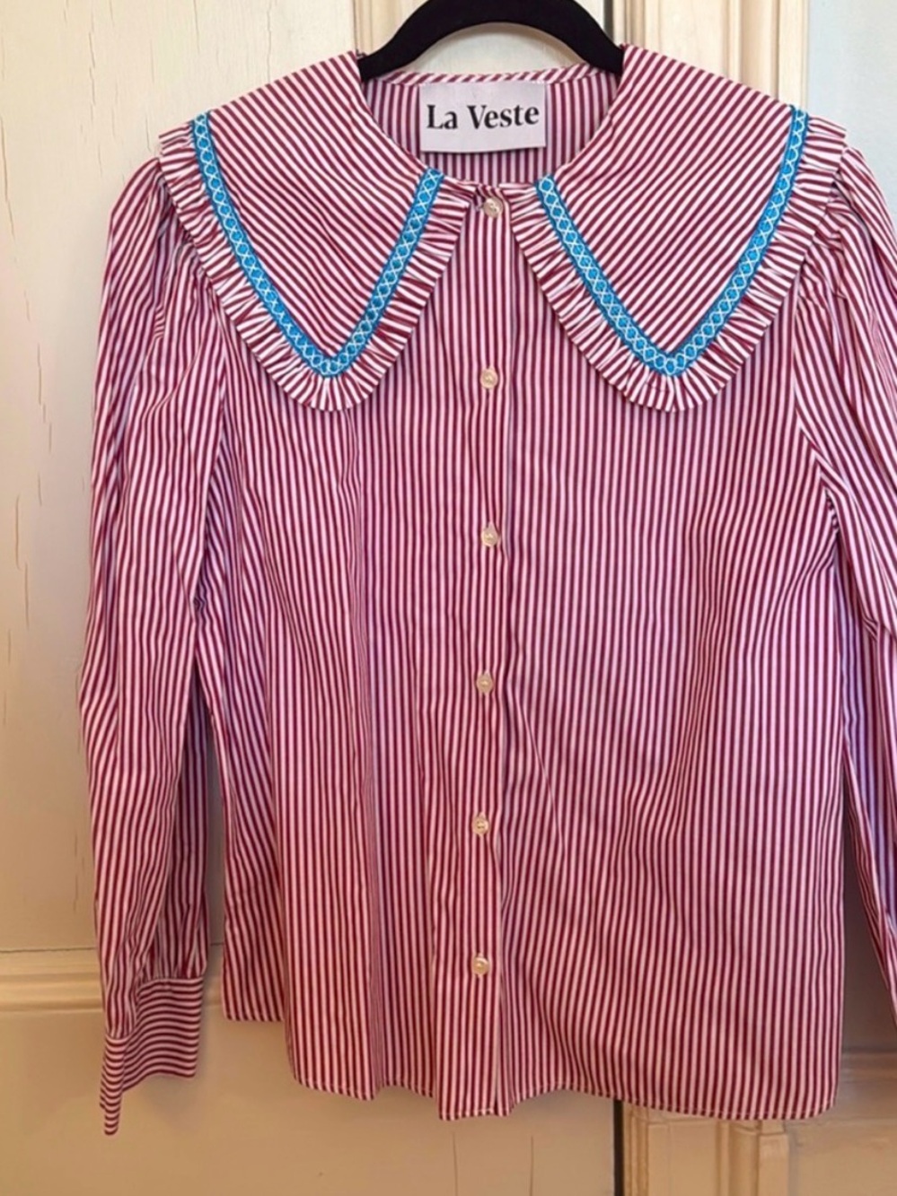 La Veste Red & White Striped Button-Up with Blue Trim